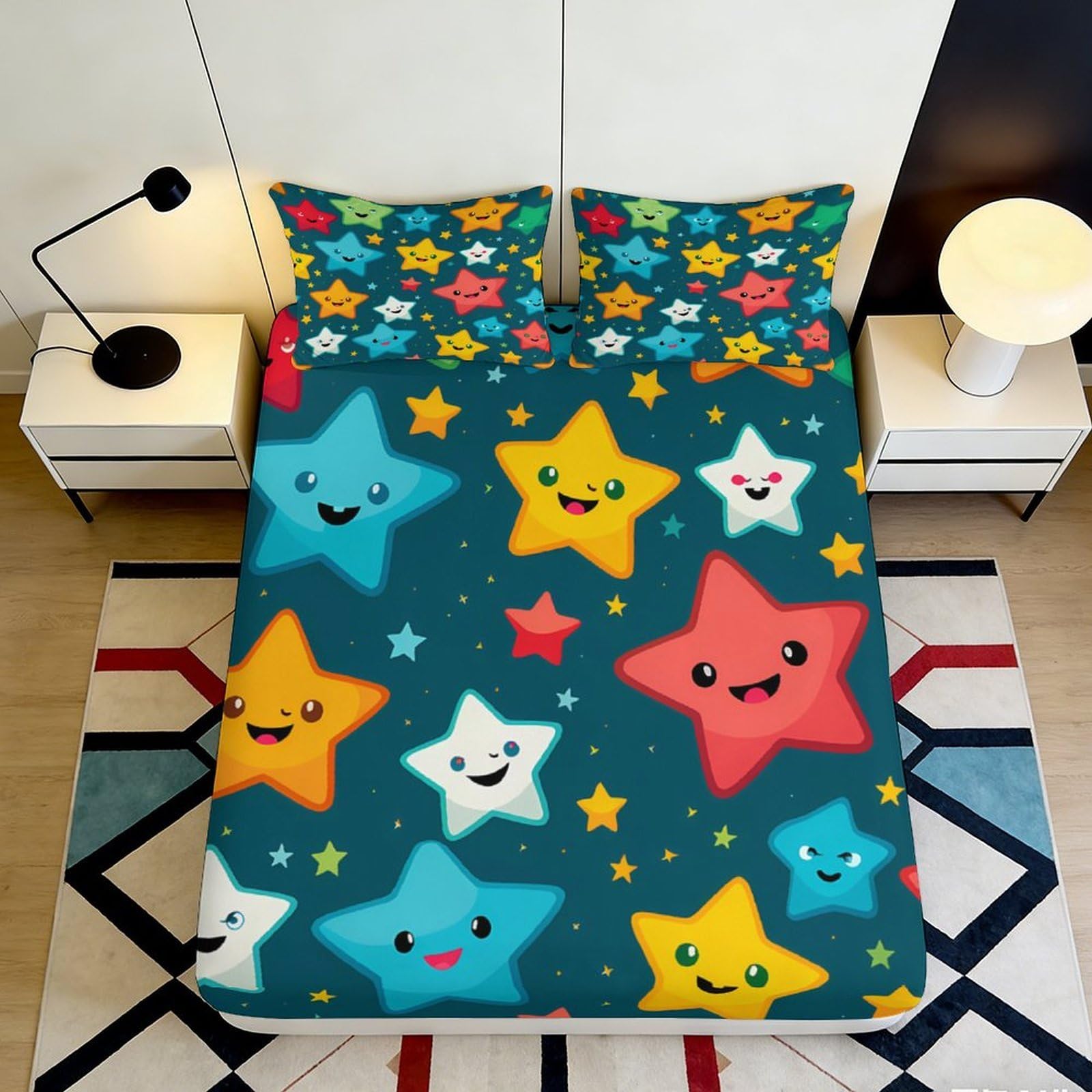 3D Printed Cartoon Star Pattern Fitted Sheet Microfiber Soft Breathable Colorful Smile Bedding Mattress Cover for Bedroom Dorm 120x200x25cm