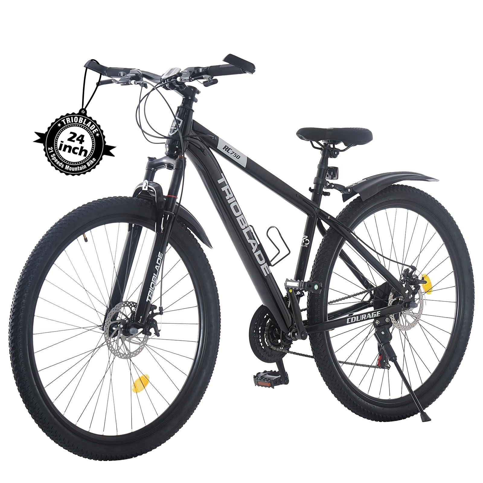 TRIOBLADE 24/26/27.5/29 Inch Mountain Bike 21 Speeds Bike 17.5 Inch Lightweight Aluminium Frame Bicycle for Adult Men Women, Lockout Suspension Fork, Dual Disc Brake (24inch, Black)