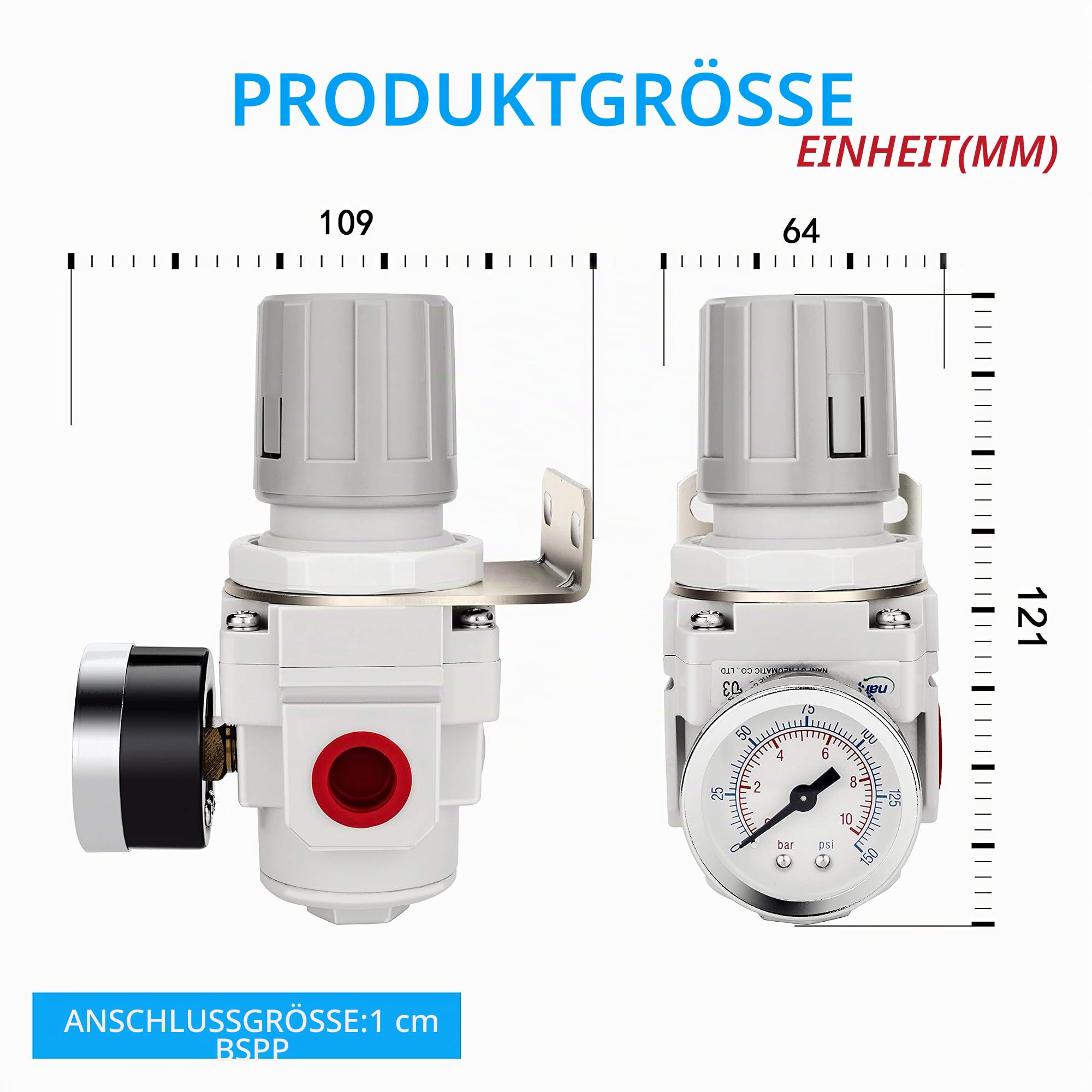 NANPU 3/8" BSP Druckluftdruckregler - 10 bar Manometer, für Luftkompressoren und Druckluftwerkzeuge