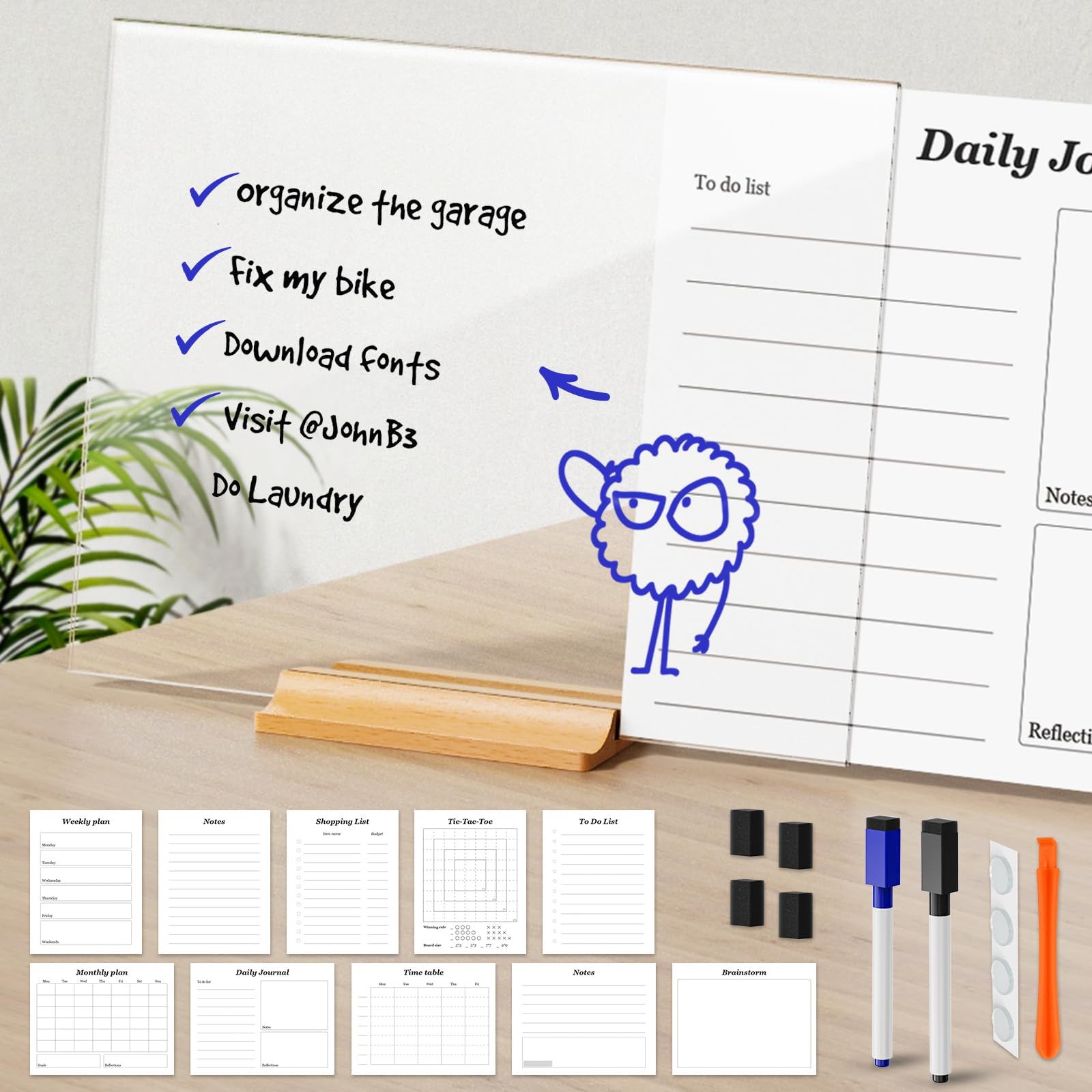 NiOffice 11"x8.5" Acrylic Desk Dry Erase Board for Enhanced Productivity at Home, School, Office - Clear Writing Surface 10 Templates for Planning, Task Management - User-Friendly Dual Display Options