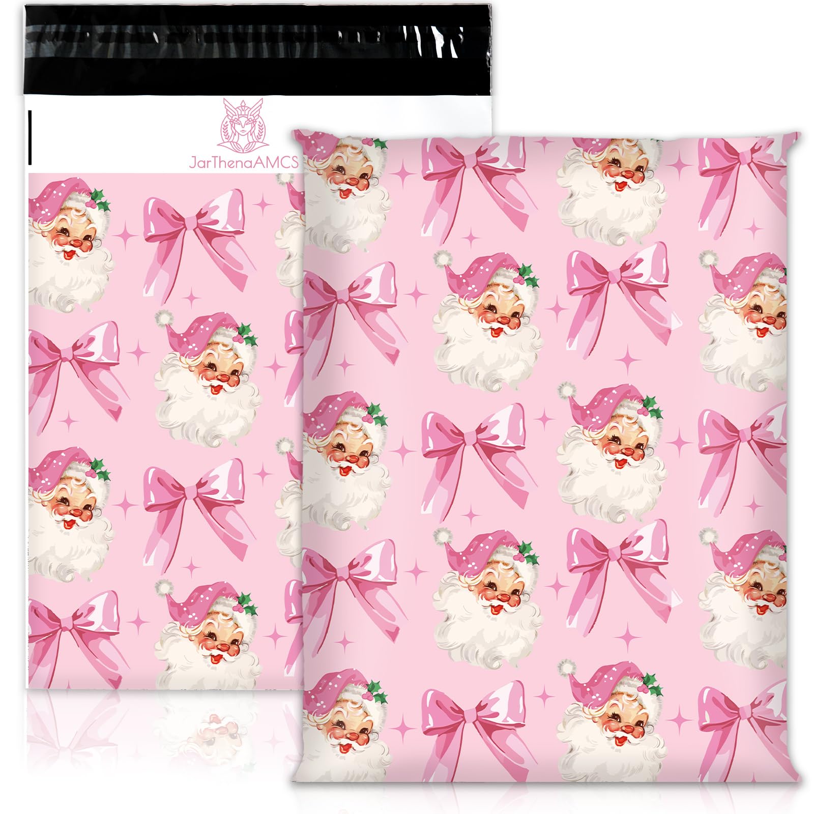 JarThenaAMCS 100Pcs Christmas Poly Mailers 10 x 13 Inch Pink Santa Claus Bow Coquette Envelope Mailers Xmas Self-Sealing Plastic Packaging Mailing