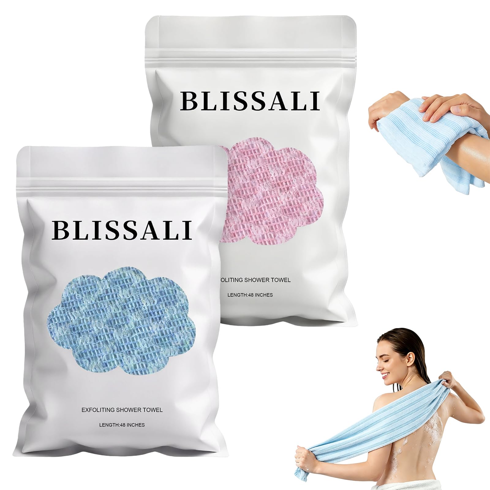 Awinclo 2Pcs Exfoliating Towel, 47" Premium Scrub Wash Cloth for Body Face, 2-in-1 Long Exfoliating Washcloth for Men Women,Exfoliating Body Scrubber for Cleaning&spa (Blue+Pink)