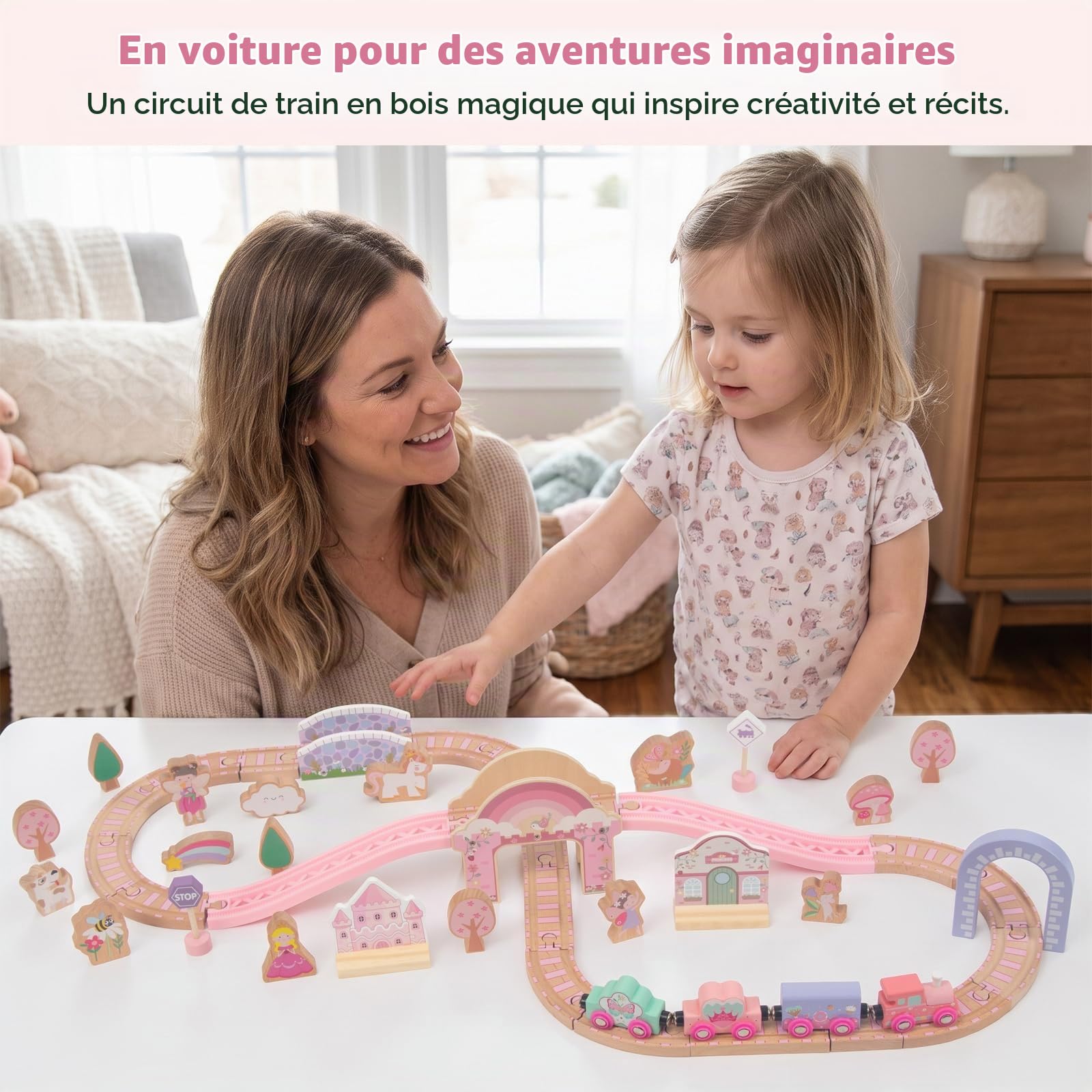 WOODENFUN Train Bois Princesse Rose Montessori, kit 30 pièces pour Enfants 3 Ans
