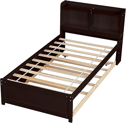 Miniatura 5 de Harper & Bright Designs Cama de plataforma individual con nido y estantería, marco de cama de madera con cabecero, cama de plataforma con soporte de