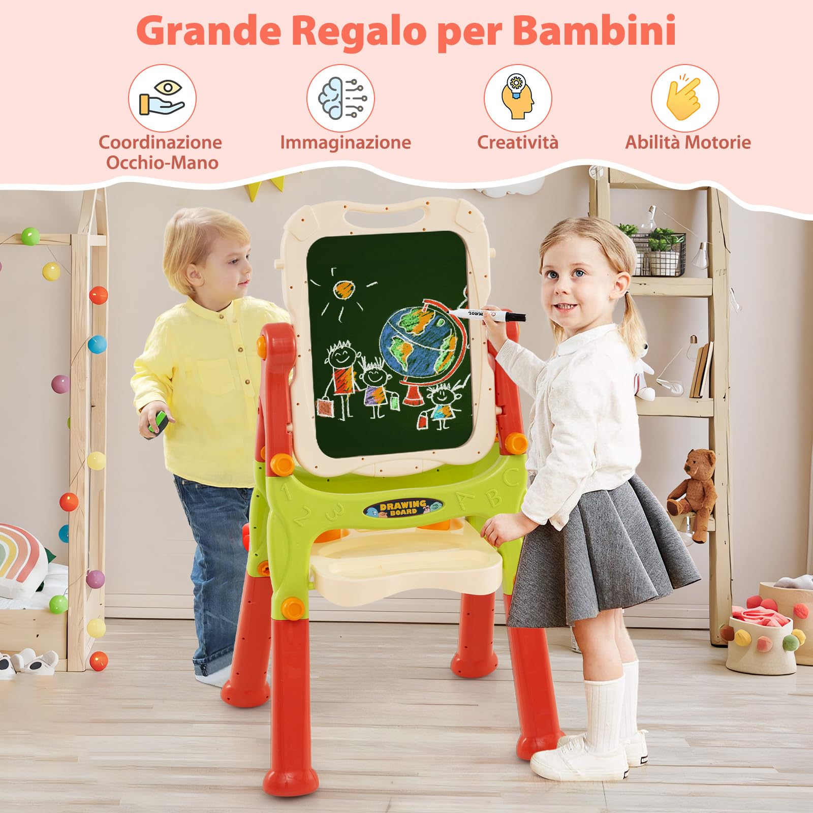 GYMAX Lavagna Magnetica per Bambini, Cavalletto da Disegno Doppio Lato con Lavagna, Tavolo da Disegno Portatile con Maniglia, Altezza Regolabile per Bambini 3+ Anni (Rosso)