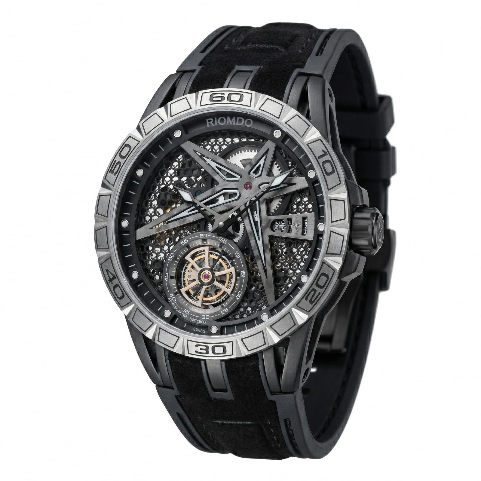 OBLVLO Męski 46 mm mechaniczny automatyczny zegarek maszynowy z wydrążoną tarczą 50 m wodoodporny gumowy pasek wojskowy zegarek RD-901