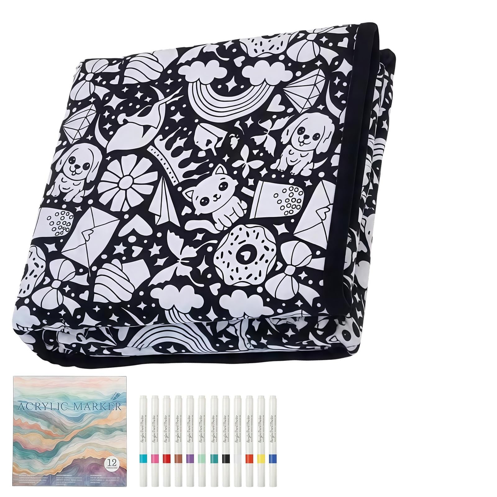 Cozy Doodle Blanket, Creative Coloring Blanket with 24 Markers, Washable Assorted Pattern Doodle Mat, Creative DIY Art Blanket for Activity & Play (#A)