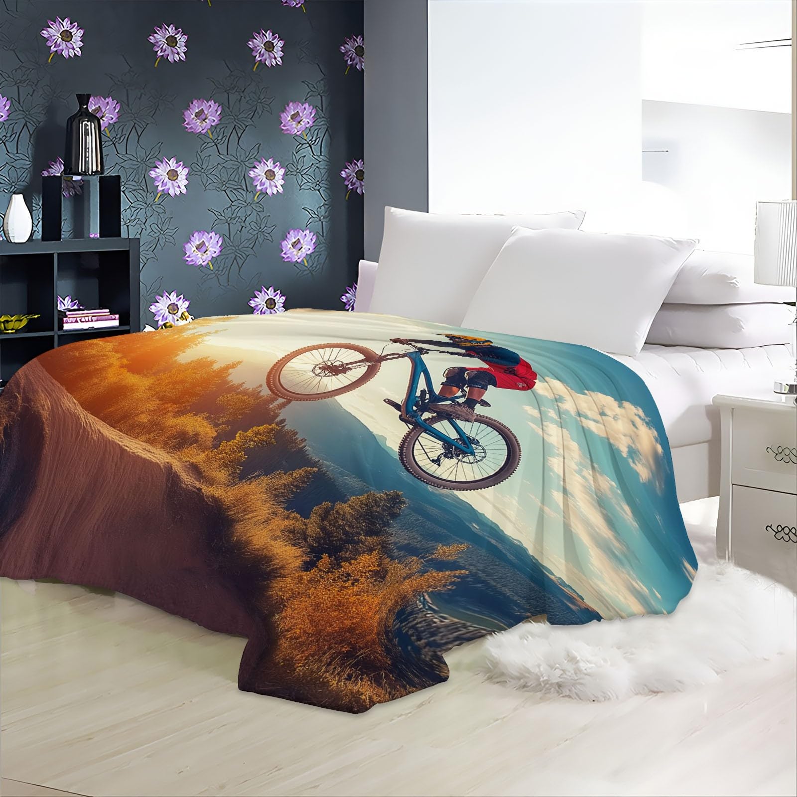 CozyRest Drucken Flanell Fleecedecke Mountainbike-Fahrer Themed Wohndecke bequem und atmungsaktiv Kinder Kuscheldecke 150 x 200 cm für Erwachsene Camping Sofa Decke