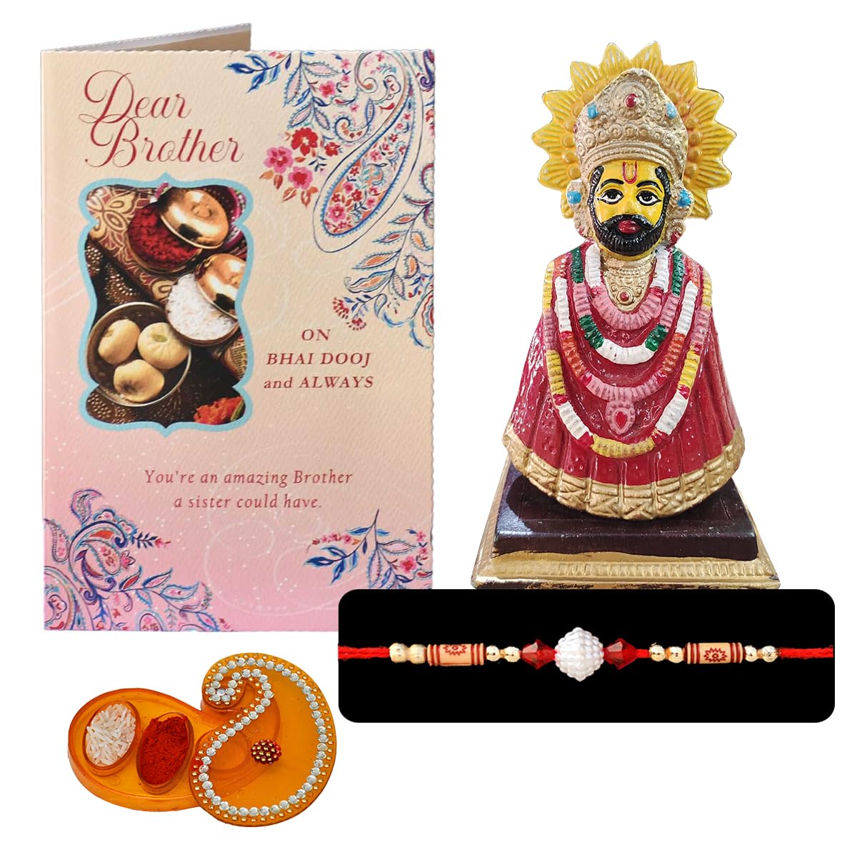 Saugat Traders Bhai Dooj Tika Set with Gift for Brother - Lord Khatu Shyam Ji Statue, Greeting Card, Designer Thread, Roli Chawal Chopra - Bhaiya Dooj Gift Hamper for Big Brother, Bhai