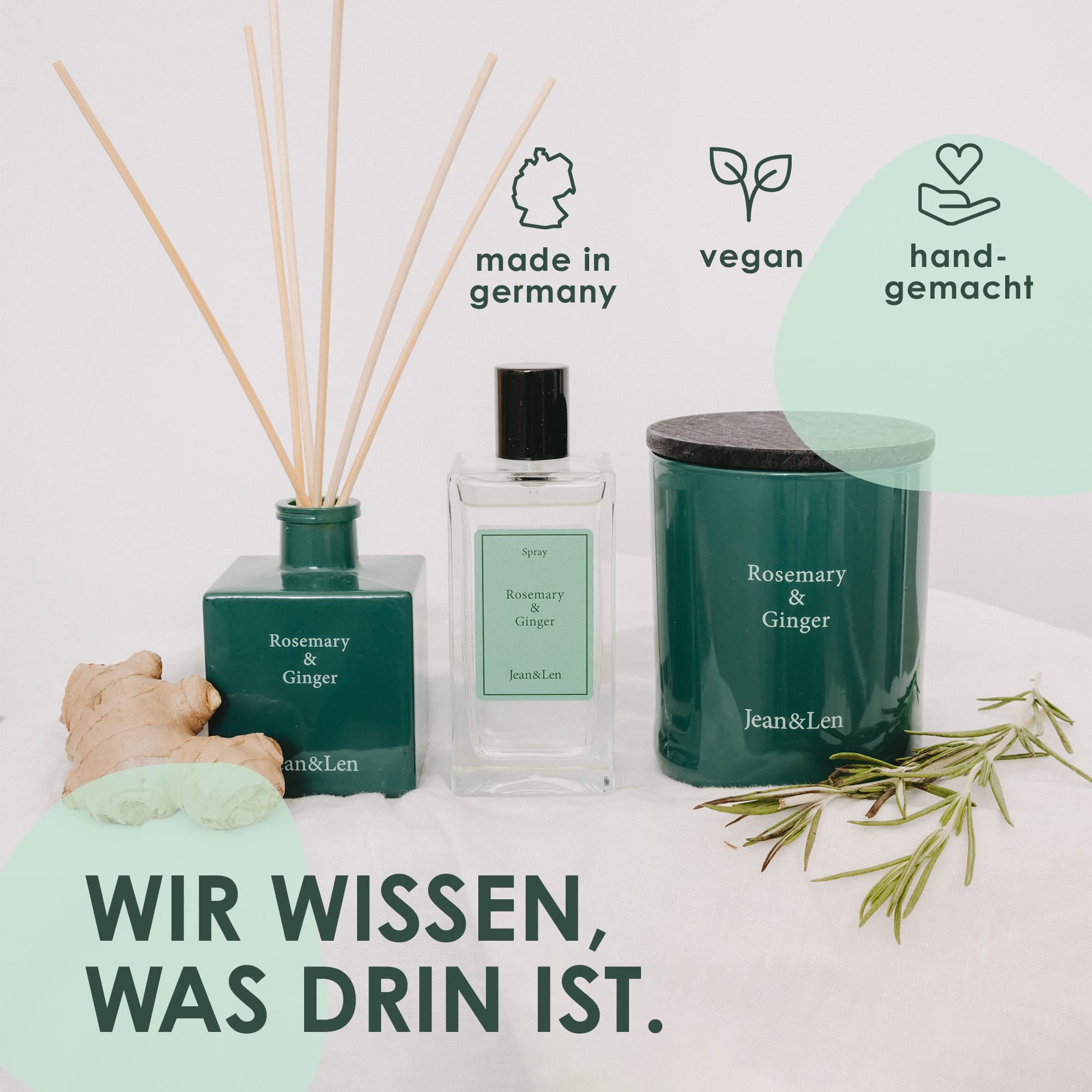 Jean & Len Raumduft Rosemary & Ginger, vegan, 100 ml | Würzig-frischer Unisex-Duft, mit Diffuser-Stäbchen, im stylischen nachfüllbaren Glasbehälter