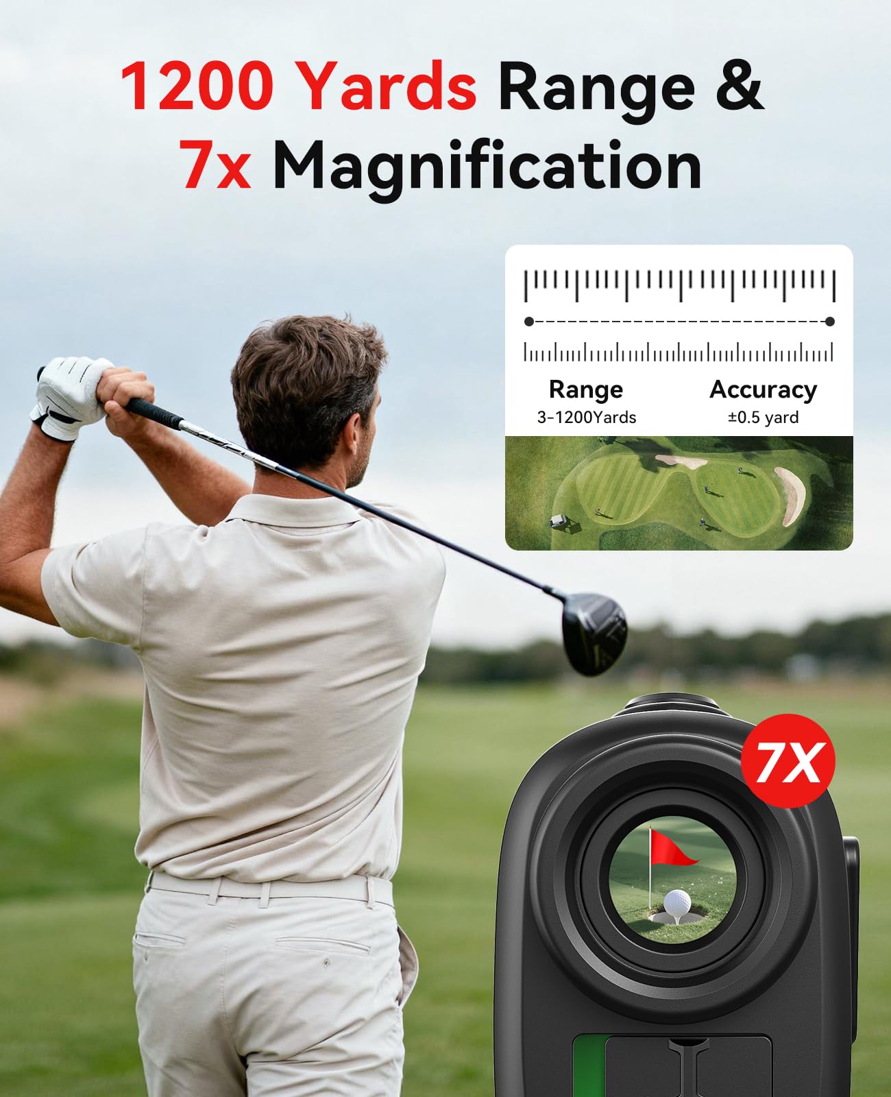 Hoorola Range Finder Golf, 1200 Yards Rangefinder with Slope, Magnetic Stripe, 7X Magnification, IP54 Water Resistant, Rechargeable Battery, Flag Pole Lock Vibrate, Golf Accessories Gift for Men Women