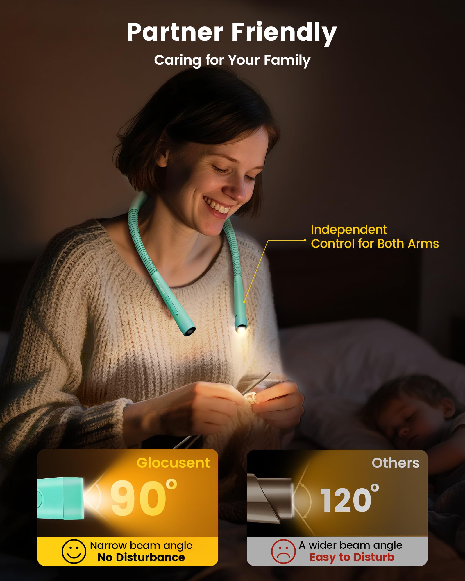 Glocusent Ergonomic Book Light Neck Light, Reading Light with 3 Colors & 5 Stepless Brightness - Image 3