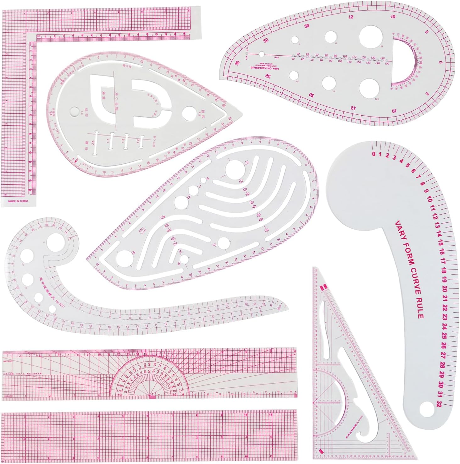 HLZC Fashion Clear Metric Sewing Ruler Set, French Curve Pattern Ruler Kit for Beginners Tailors Designers (9-Piece Set)