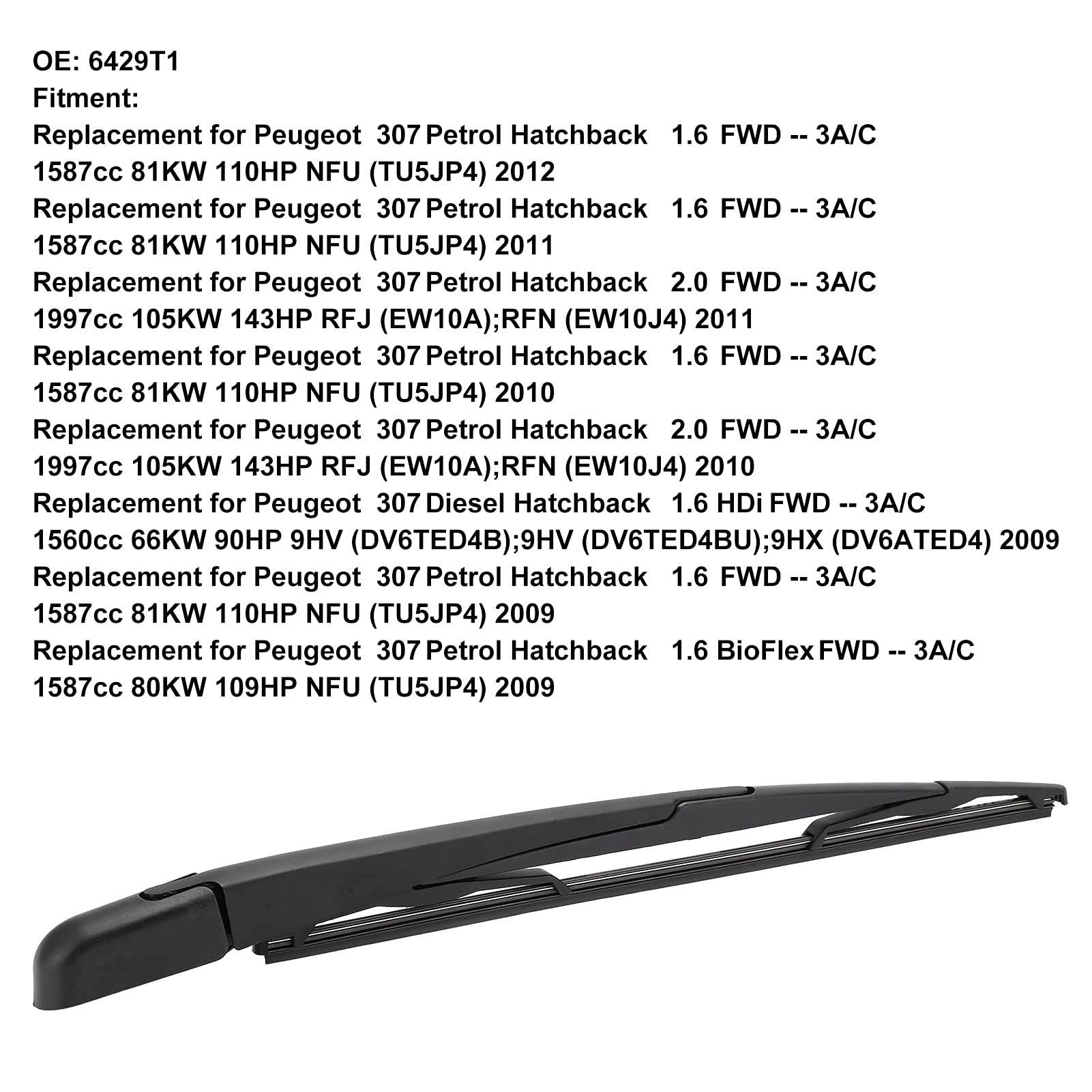 OUKENS Limpiaparabrisas Trasero De Coche, Brazo De Limpiaparabrisas Trasero, Juego De Cuchillas 6429T1, Repuesto Para Peugeot 307 2000-2012