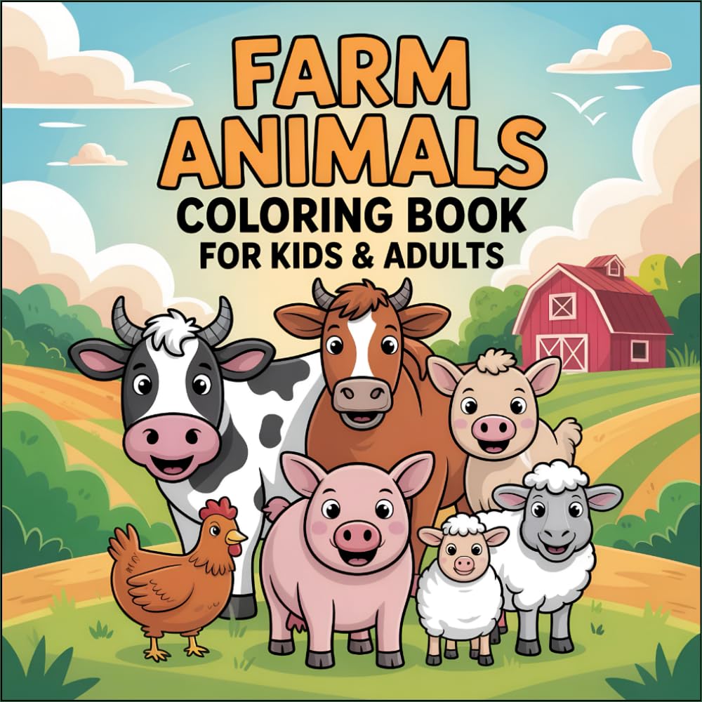 Farm Animals Coloring Book for Kids & Adults: Simple & Detailed Barnyard Designs Featuring Cows, Horses, Chickens, Pigs, Goats & More