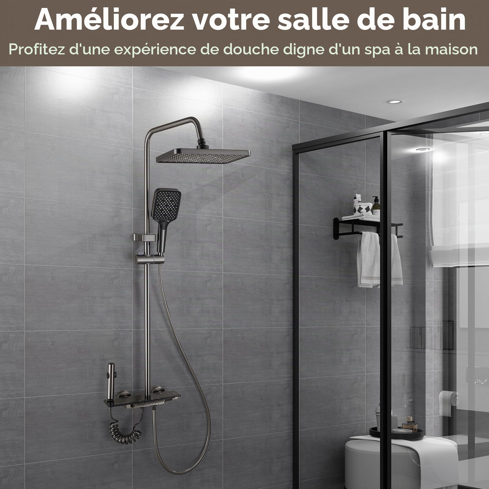 Colonne de Douche 4 en 1, Système de Douche à Touches Piano, Colonne de Douche Réglable en Hauteur Intégrant une Douchette Hygiénique, avec Douchette à Main et Robinet, Baignoire Cascade
