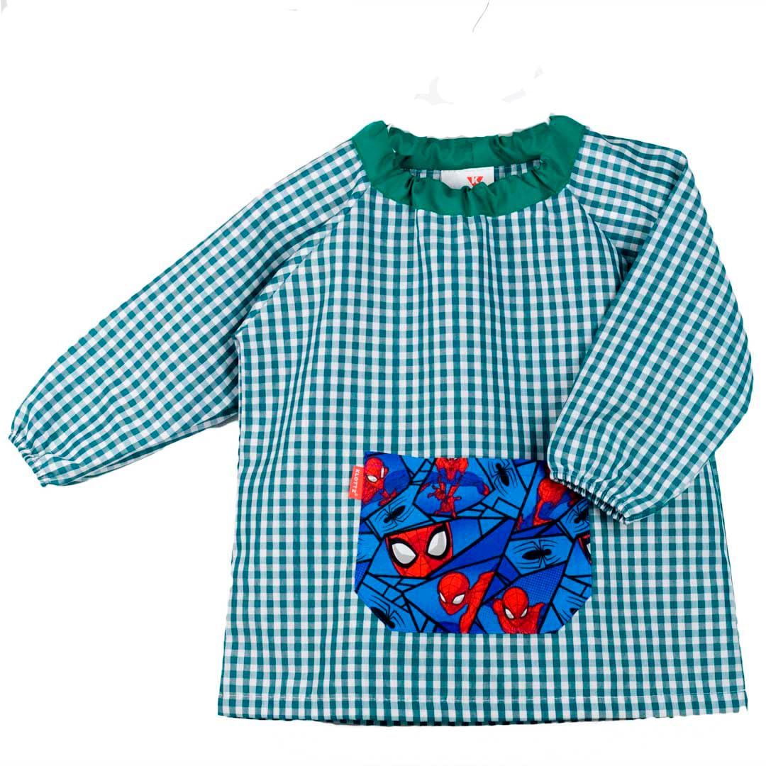 KLOTTZ-Babi con Bolsillo Tela Spiderman. Bata Escolar a Cuadros sin Botones Tipo Poncho. Manadilón fácil de Vestir guardería, Comedor o Manualidades.Talla 3 años. Color Verde