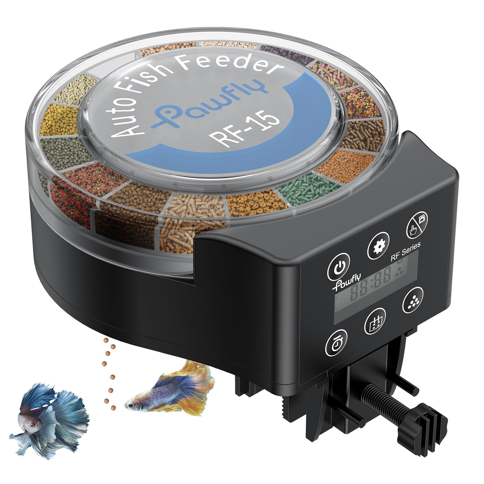 Pawfly Aquarium Automatic Fish Feeder, 108 mL Food Dispenser for Pellets Powder and Granules, Adjustable Timer Feeder for Fish Tank, Battery Powered (Batteries Not Included)