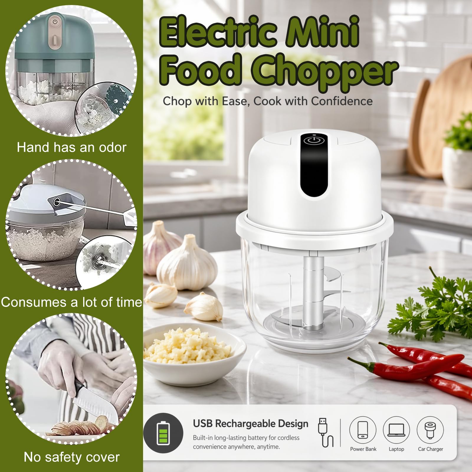 RANJIMA Zerkleinerer Elektrisch Mini, 350ml Elektrischer Küchenzerkleinerer kabellos wiederaufladbar USB Klein Zwiebelzerkleinerer Tragbar Küchenhelfer für Gemüse,Obst,Knoblauch,Zwiebeln,Babynahrung