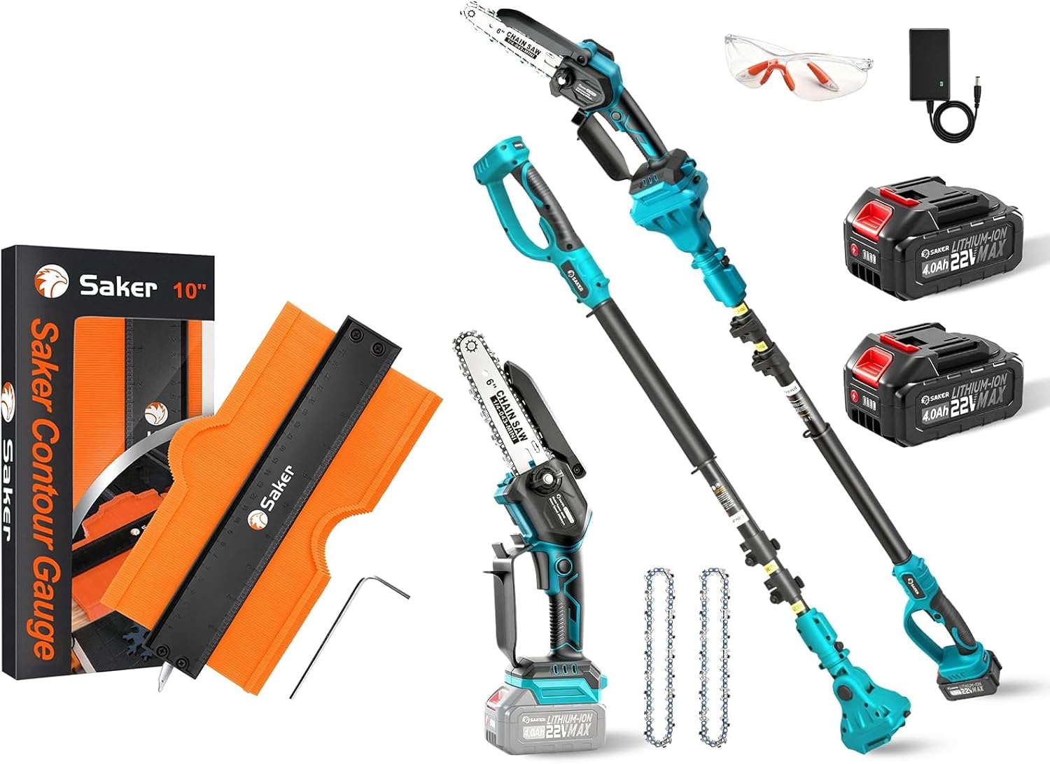 Saker Contour Gauge (10 Inch) Profile Tool with Adjustable Lock + Saker 2-in-1 Electric Pole Saw,Cordless Pole Saw Battery Powered,6 Inch Brushless Mini Chainsaw with 22V 4.0Ah Batteries