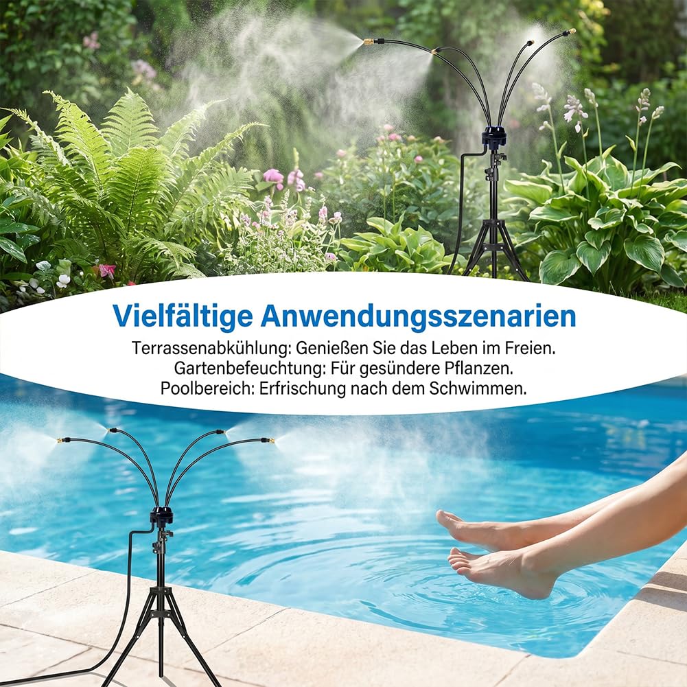 Wassernebel Kühlung Terrasse - Höhenverstellbarer Sprühnebel Terrasse mit 8m Schlauch & Messingnebeldüsen - Tragbarer Wasserzerstäuber für Garten, Balkon & Outdoor Abkühlung (1Pc)