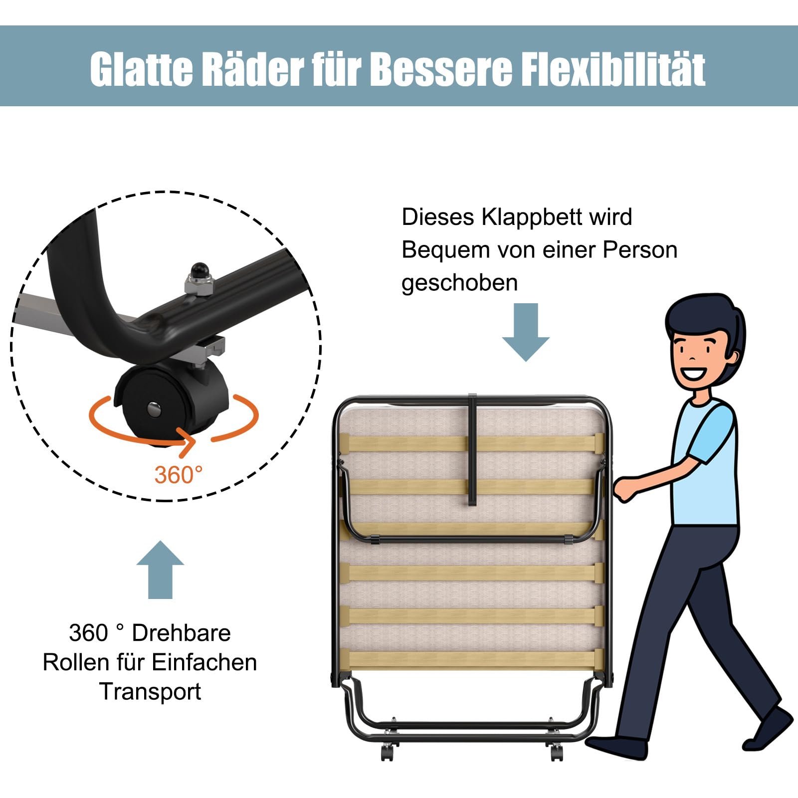 COSTWAY 80x190cm Gästebett mit Matratze aus Rückstellschaum, Klappbares Einzelbett, Stabiler Metallbett bis 130kg belastbar, Klappbett auf Rädern, Faltbett Gästezimmer, Tragbares Bett, Beige