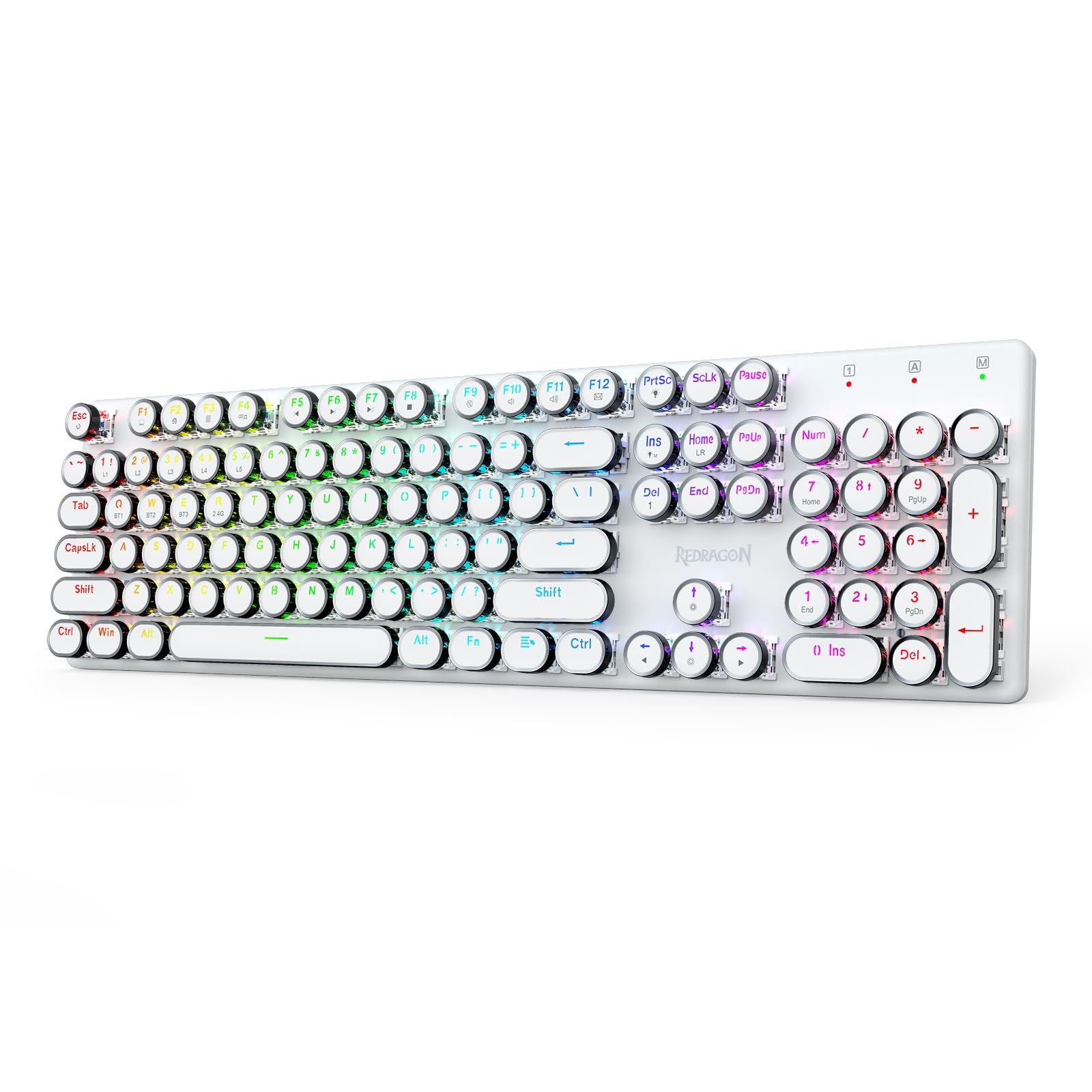 Redragon K710 ワイヤレス タイプライターキーボード【2.4G無線/BT/USB有線】青軸 テンキー付き 英語配列 丸型キーキャップ レトロ RGBバックライト メタルパネル アンチゴースト オフィス/ゲーミング 可愛い PC/Mac対応(ホワイト)