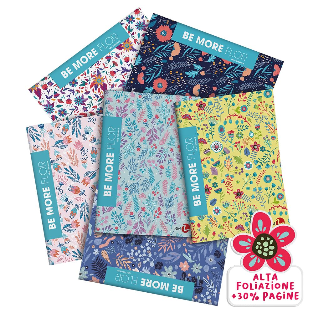 BM BeMore FLOR Maxi quaderni a quadretti 4mm in formato A4 senza margine – Set da 10 pezzi con copertine floreali con glitter – 96 pagine, carta da 100g, ideali per scuole medie e superiori