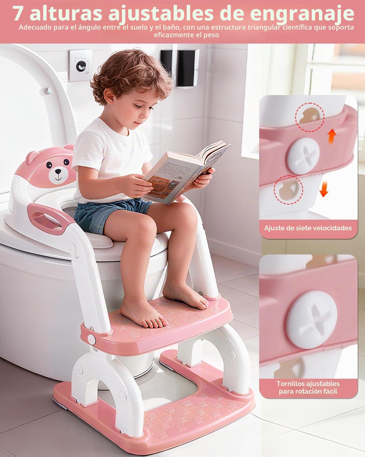 Asiento de inodoro para niños con escalera, 2 en 1, ajustable en altura, plegable, con asiento acolchado, antisalpicaduras y antideslizante, accesorio de inodoro para niños a partir de 1-6 años