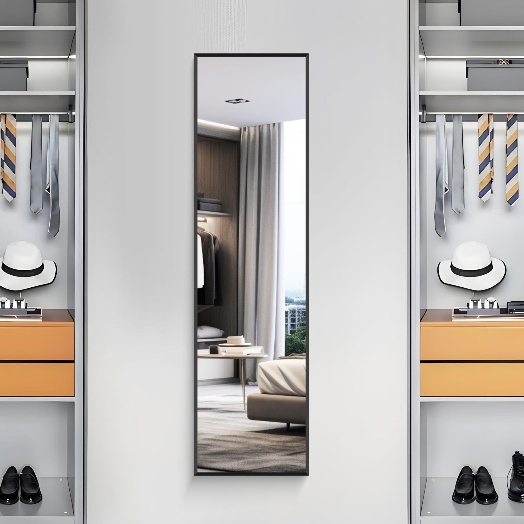 Specchio da Terra, 150 x 40 cm Specchio Rettangolare con Cornice in Alluminio Nero per Bagno, Camera da Letto, Ingresso e Corridoio