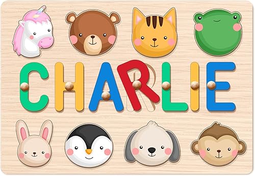 Rompecabezas de nombre para niños, saludos de texto grabados personalizados en la parte posterior, letreros de madera personalizados con clavijas