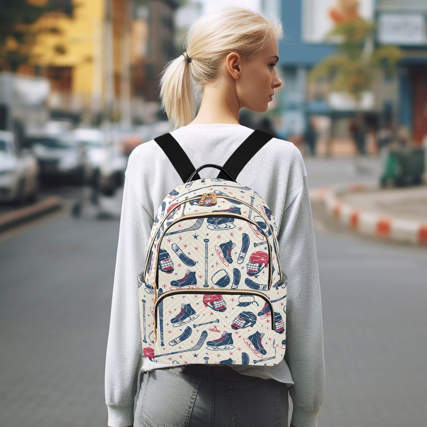 Ice Hockey Equipment Skates Helmets Pattern Backpack Purse for Women Shoulder Bag Fashion Daypack Ladies Handbag Lightweight Travel Bag Rucksack