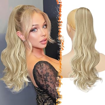 BARSDAR Light Ash Blonde Highlight Wavy Drawstring Ponytail Extension 20 Inch Drawstring Comb Clip in Ponytail Extensions for Women - Synthetic Curly Wavy Blonde Pony Tails Hairpieces