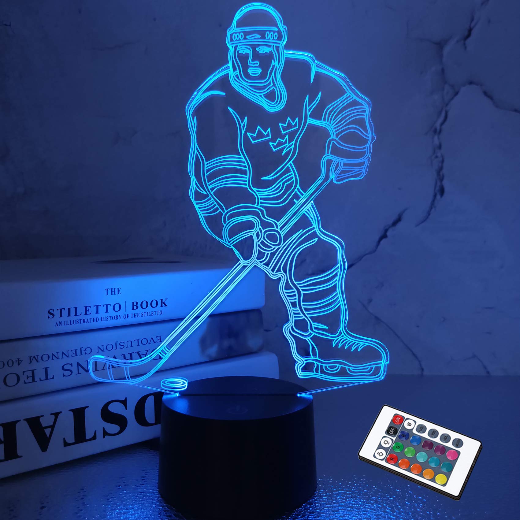 3D Night Lights Ice Hockey Athlete 3D Illusion Bedside Lamp 16 Colors Changing with Remote Control Best Birthday Gifts for Men Women