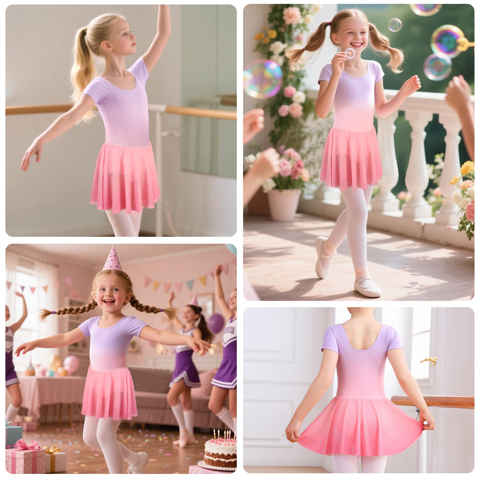 Bezioner Ballettkleidung Mädchen Ballettkleid Kinder Kurzarm Tanzkleid Gradient Ballett Trikot Ballettanzug mit Rock Rosa