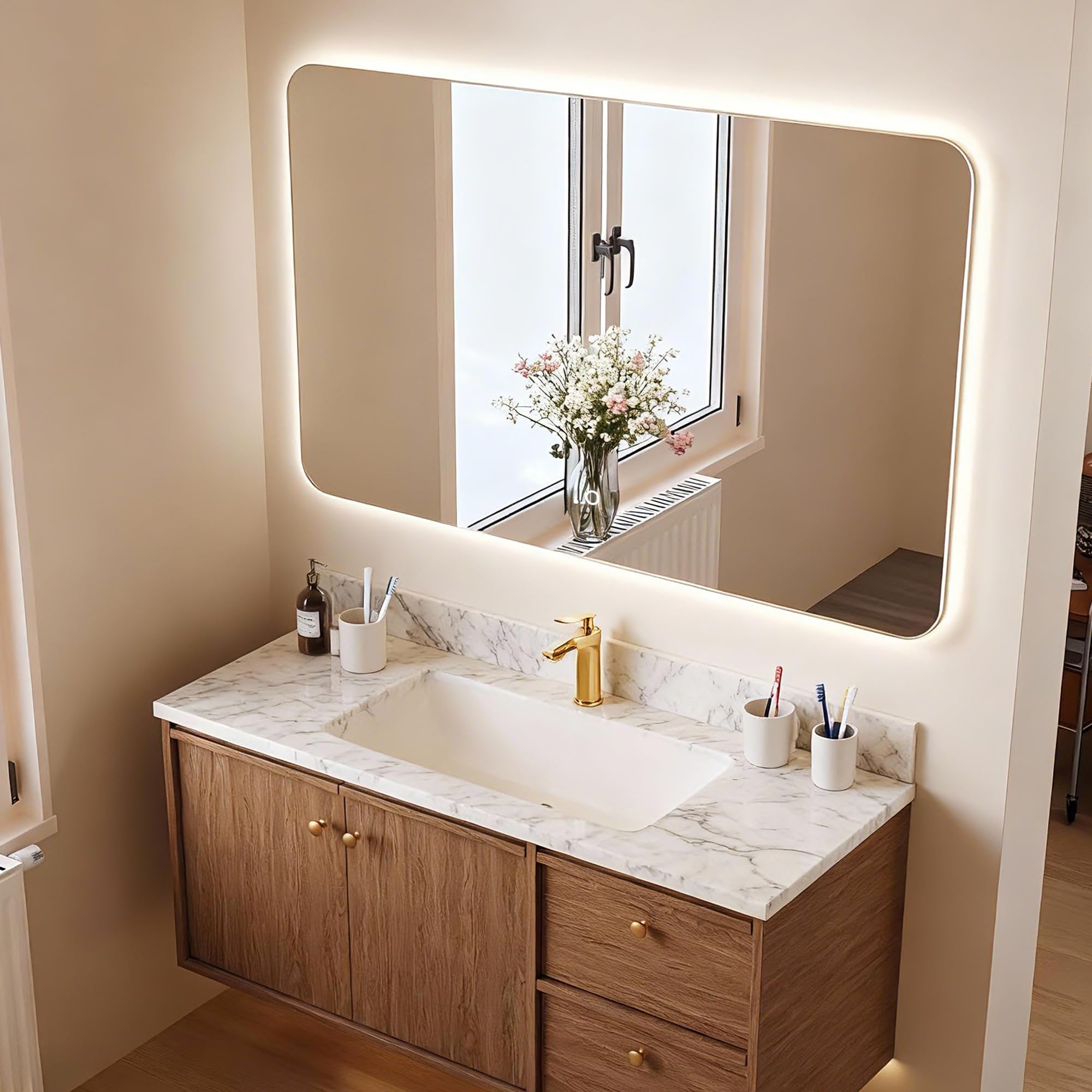 Backlit Led Mirror for Bathroom Rectangular Frameless Wall Mirror with Light Rounded Corners, Shatter Proof, Dimmable, Smart, 3-Color Lights,Tempered Glass (No Anti-Fog, 40''X30'')