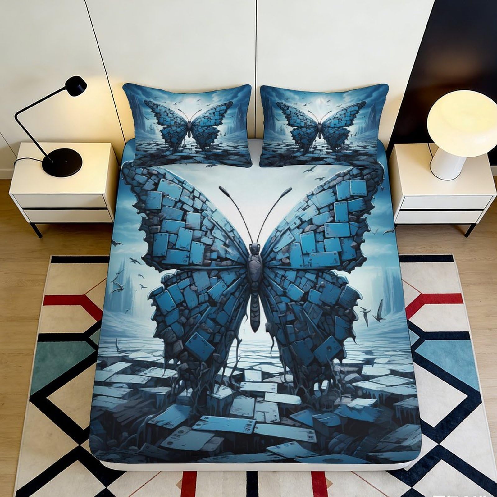 3D Printed Blue Butterfly Fitted Sheet Microfiber Soft Breathable 3D Printed Abstract Bed Cover for Bedroom Dormitory Guest Room Mattress Protection 200x200x25cm