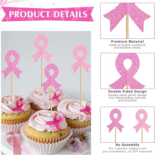 Miniatura 5 de 100 piezas de decoración para cupcakes de concientización sobre el cáncer de mama con purpurina de doble cara rosa roja rosa cinta rosa rosa