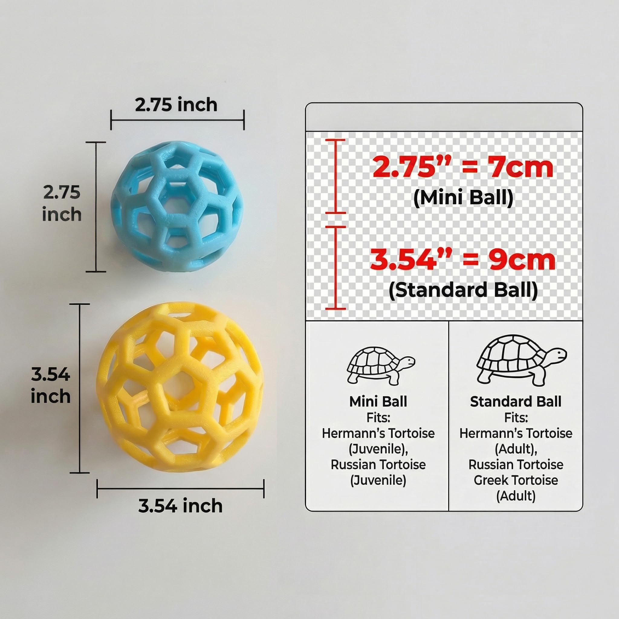 [Doppia dimensione aggiornata] Set di palline per l'alimentazione di tartarughe, 7 cm e 9 cm, dispenser di cibo per rettili da giovani a adulti, giocattolo rinforzato per foraggiamento con