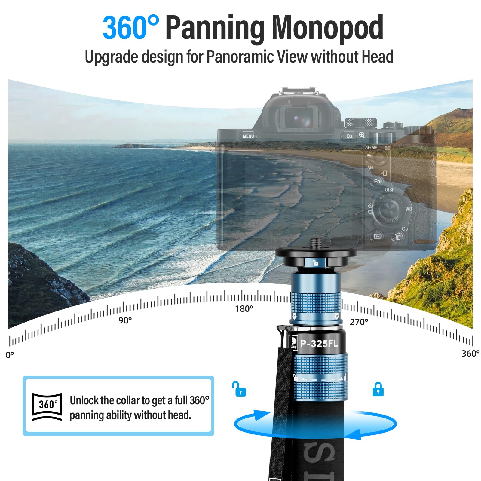 SIRUI P-325FL Monopod z włókna węglowego z nóżkami, profesjonalny monopod 170 cm, przenośny, lekki monopod podróżny do aparatu DSLR, maksymalne obciążenie 10 kg, kompatybilny z aparatem Sony Canon