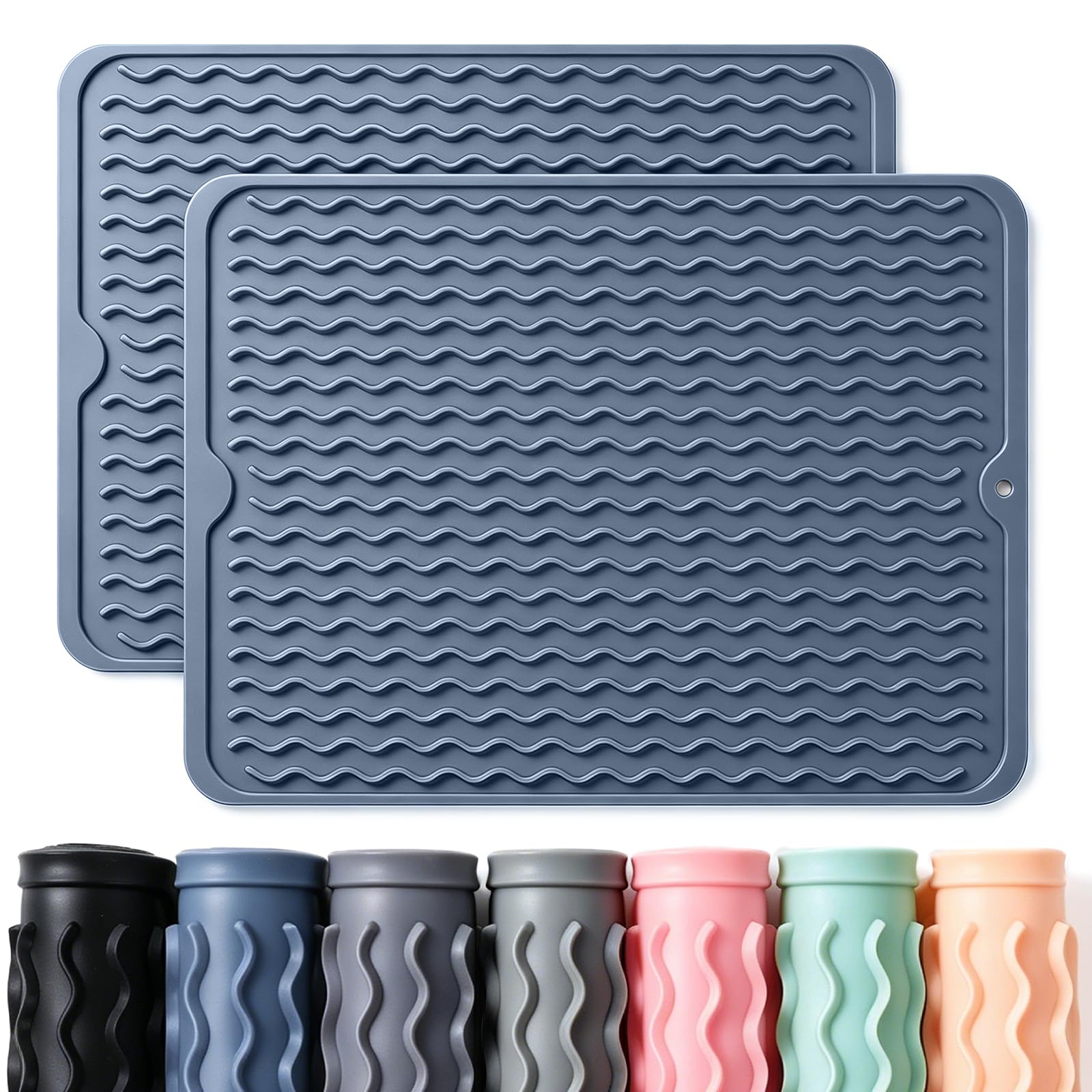 2 Pack Caketime Silicone Dish Drying Mat for Kitchen Counter Multiple Usage for Baking Cooking Grilling Under Sink Office Coffee Accessories Apartment Appliances Pioneer Woman Stuff 15"x11.5" Blue Blue 15"*11.5" 2