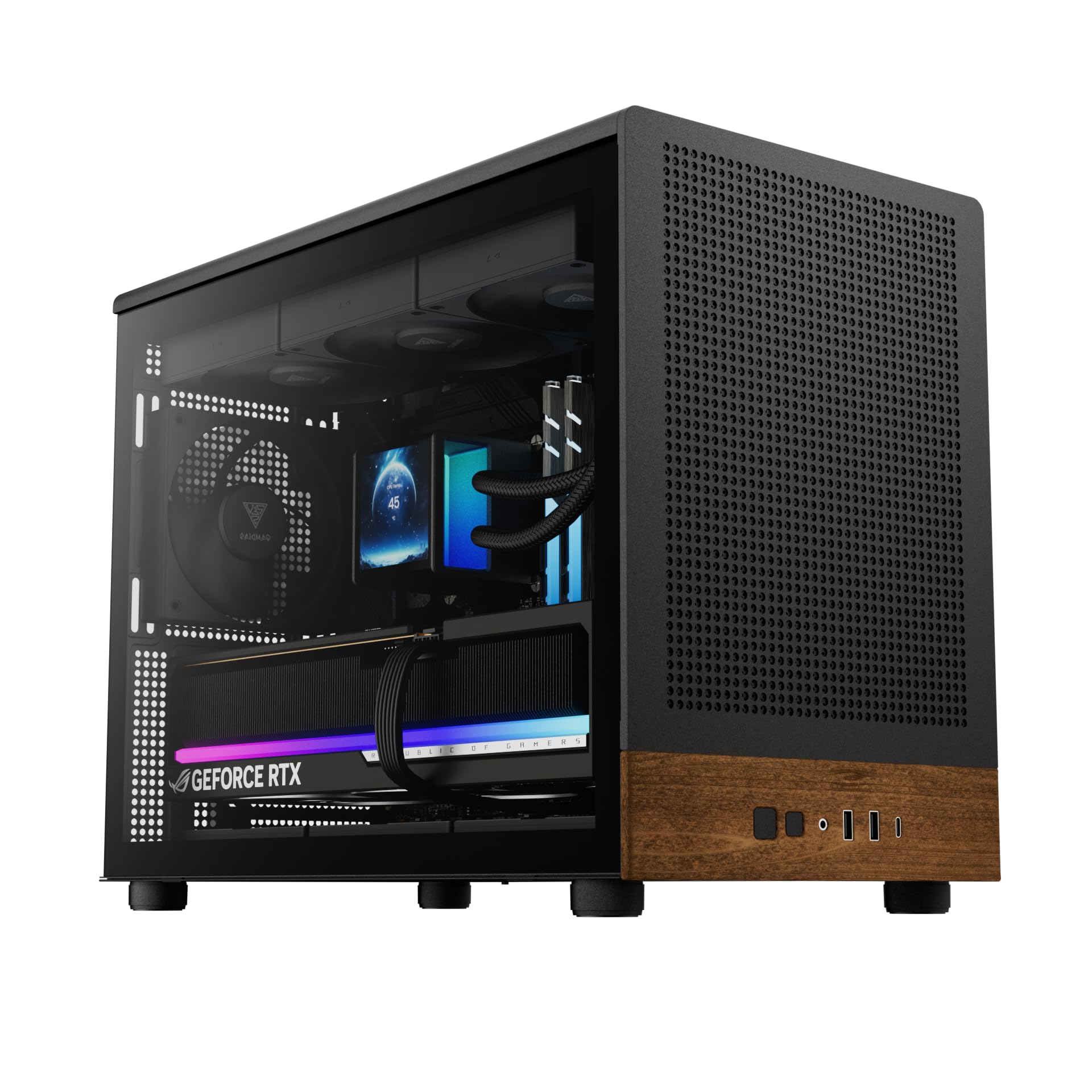 GAMDIAS Athena M4M Wood - Caja micro torre de 3 x 120 cm, frontal de red de nogal
