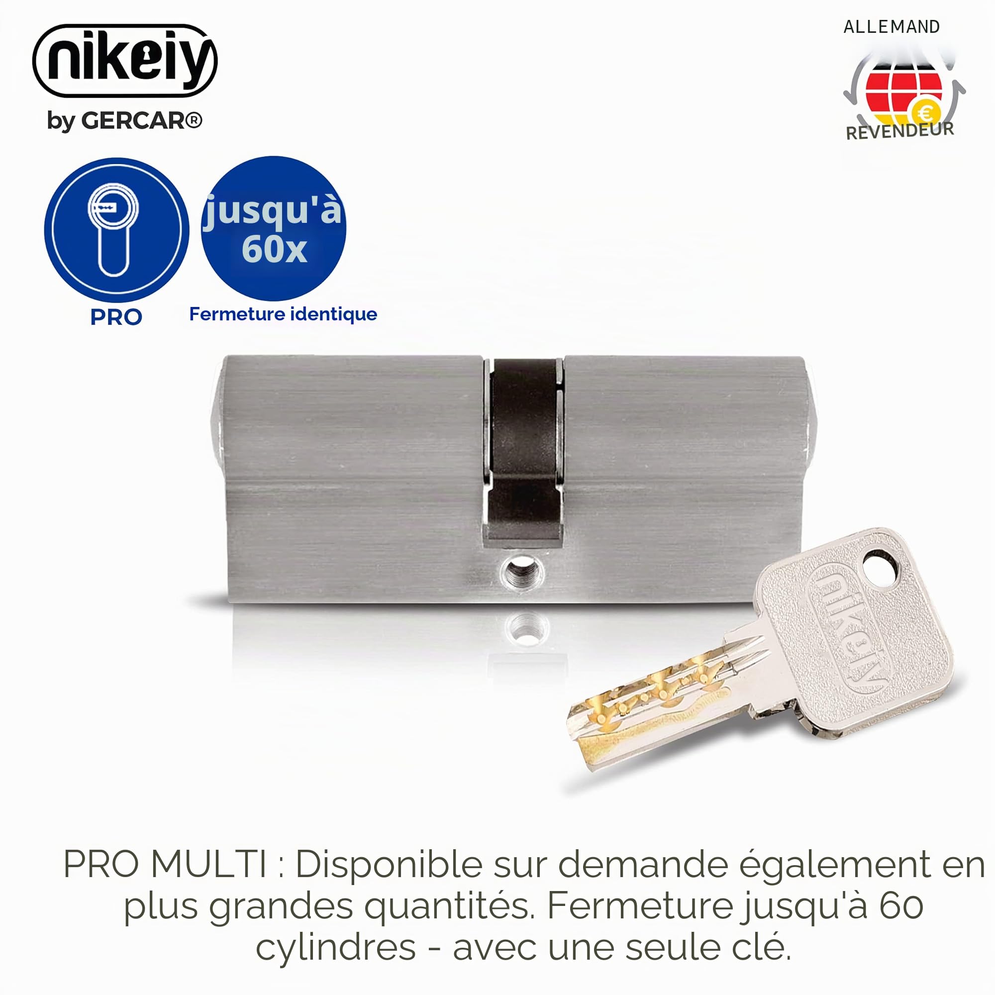 GERCAR - Pro - Lot 12x cylindre à double entrée 80 mm - 12x cylindre serrure/barillet de porte d'entree/interieure 40/40 mm - En laiton Avec 60 clés - Longueur : 80 mm, A: 40 B : 40
