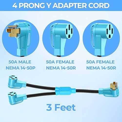 Miniatura 2 de CircleCord Cable adaptador RVEV Y de 50 amperios a dos de 50 amperios, enchufe macho NEMA 14-50P a hembra 14-50R con mango de agarre, cable STW de