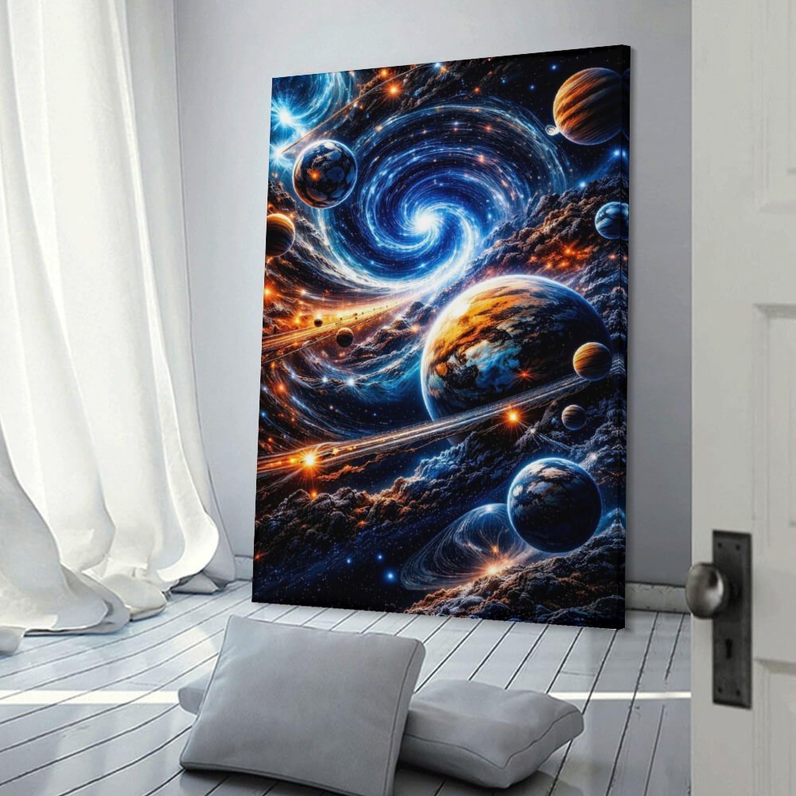 Junmoney Cosmic Swirl with Planets Canvas Art Print 24x36inch(60x90cm), for Front Hall, Corridor Or Welcome Spaces, Home Artwork for First Impressions