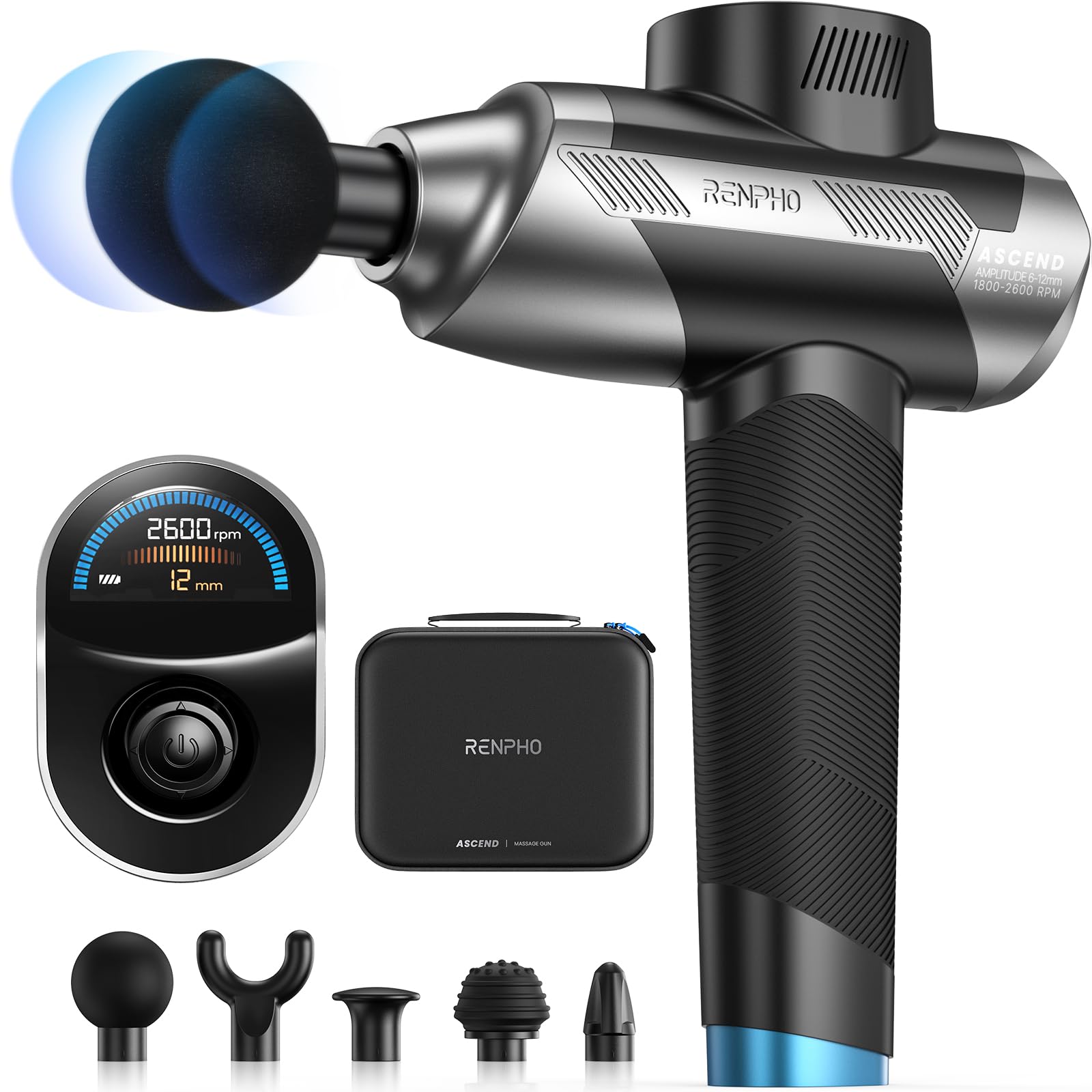 RENPHO Ascend Professional Massage Gun Adjustable 6-12mm Amplitude for Customized Intensity Deep Tissue Percussion Massager with 5 Speeds