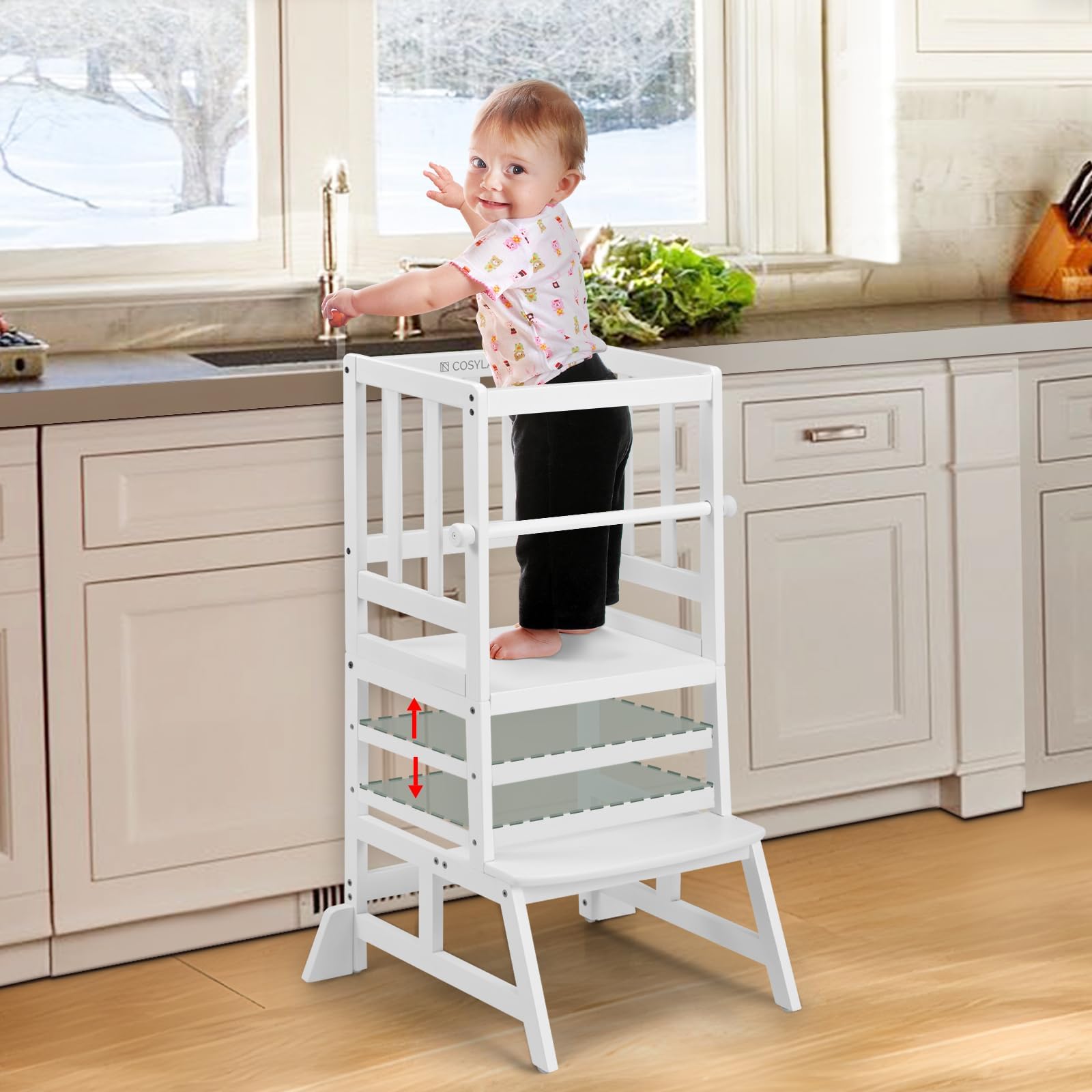 COSYLAND Kids Kitchen Step Stool, Height Adjustable Toddler Standing Tower Nursery Helper with CPC & FSC Certification, Removable Safety Railing Enjoys Exclusive Paten，White