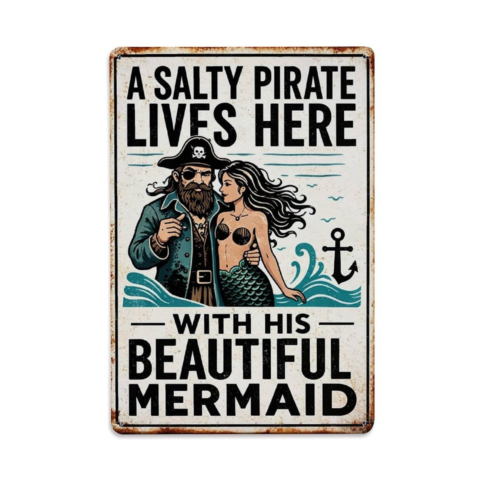 Nestemfo Vintage Salty Pirate Lives Here Mermaid Tin Sign Metal Sign, Living Room,Bar, Home, Bedroom Wall Decor,Retro Metal Poster 8X12 Inches