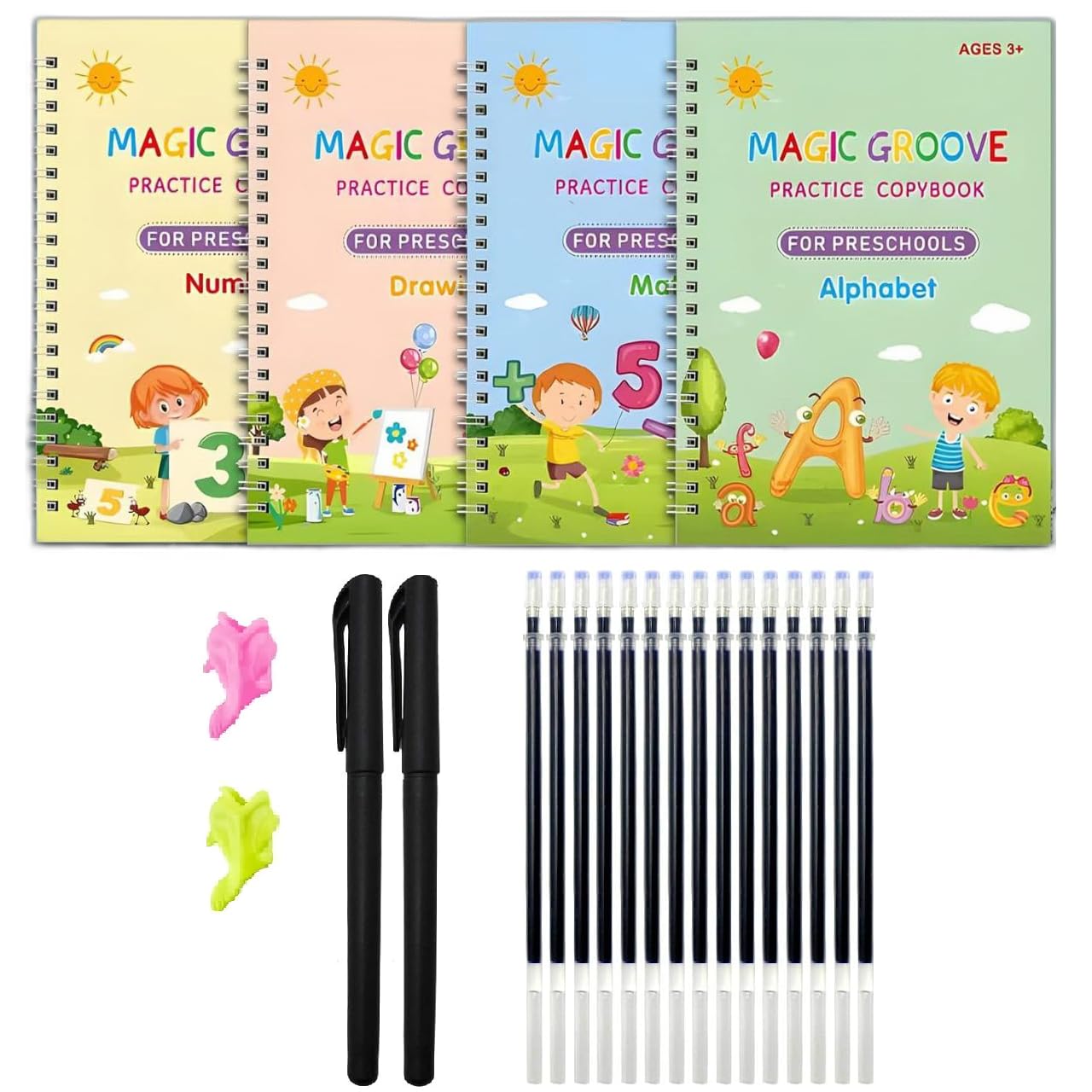 Sank Magic Practice Copybook (4 BOOKS+15 REFILL+2Pen+2Grip) Number Tracing Book for Preschoolers with Pen, Magic Calligraphy Copybook Set Practical Reusable Writing Tool Simple Hand Lettering
