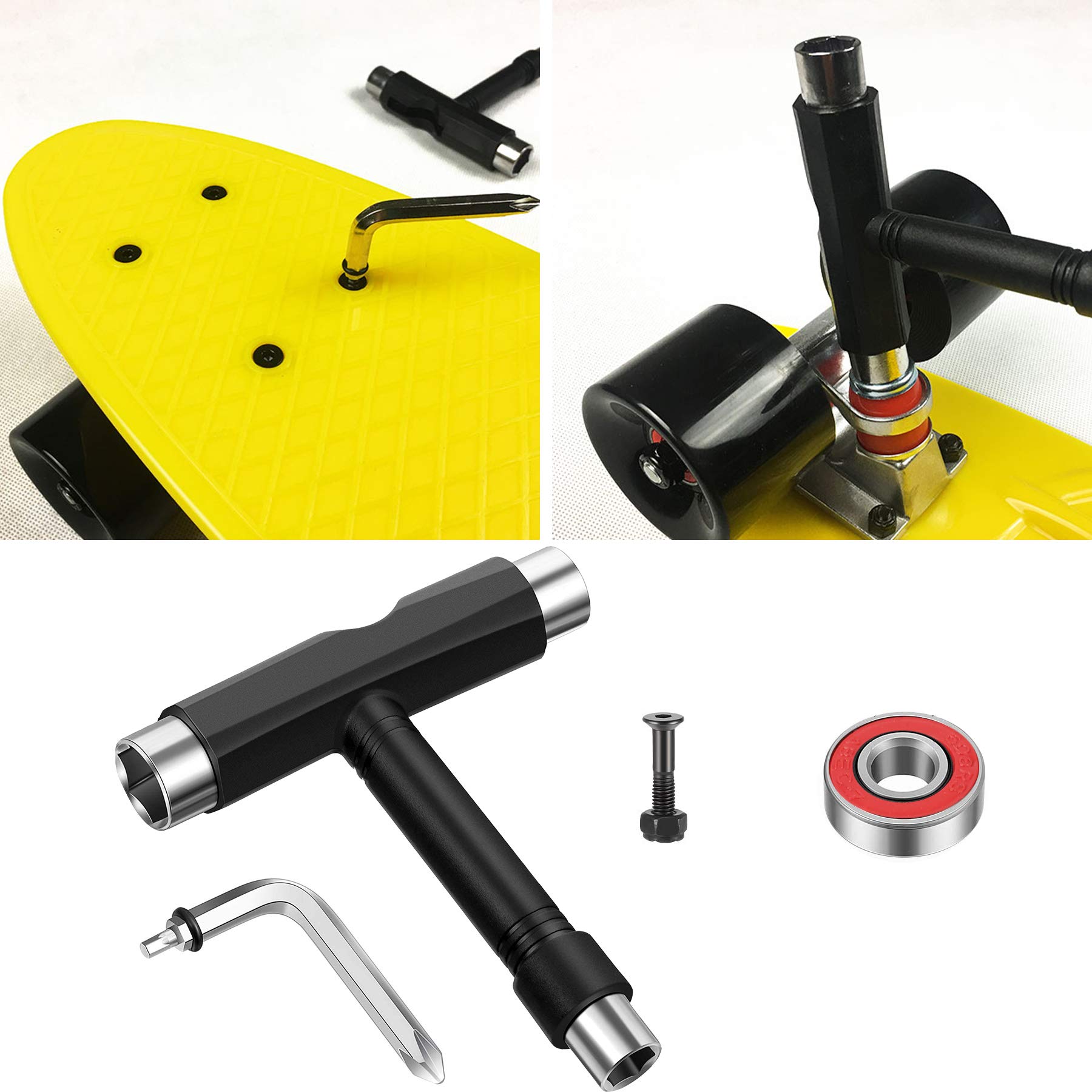 Outils de skateboard tout-en-un, 8 roulements à billes RS608, 1 clé Allen de type T, 1 tournevis cruciforme de L, 10 écrous et boulons de skateboard